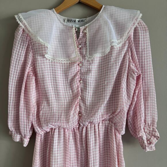 Hanae Mori Ruth Chagnon Vintage Dress Pink Gingham Lace Trim Collar Prairie 6 - Picture 2 of 10